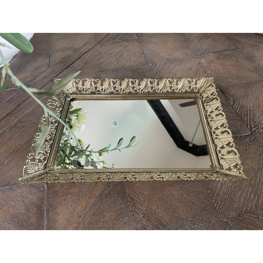 Vtg Mirrored Vanity Tray Gold Filigree Rectangle Hollywood Regency Dresser Decor